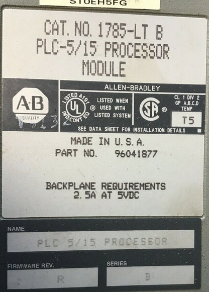 ALLEN BRADLEY 1785-LT B PLC-5/15 PROCESSOR MODULE 2.5A AT 5VDC SER.B REV.R