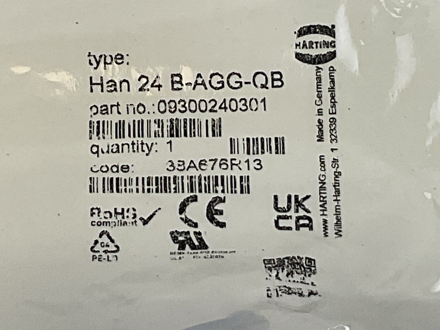 HARTING HAN 24B-AGG-QB, HINGED HOUSING CONNECTOR, 09300240301 LOT OF 2
