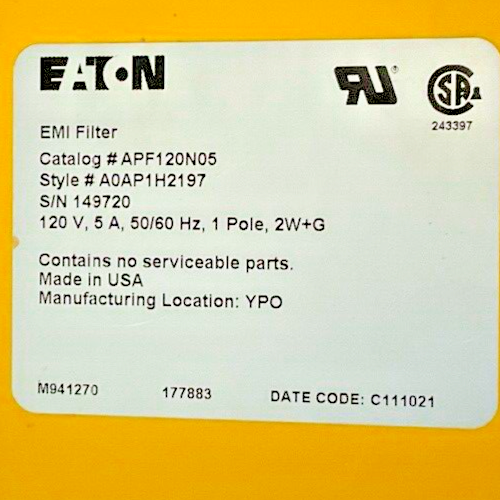 EATON APF120N05 AUTOMATION POWERLINE FILTER 120V 5A 50/60HZ