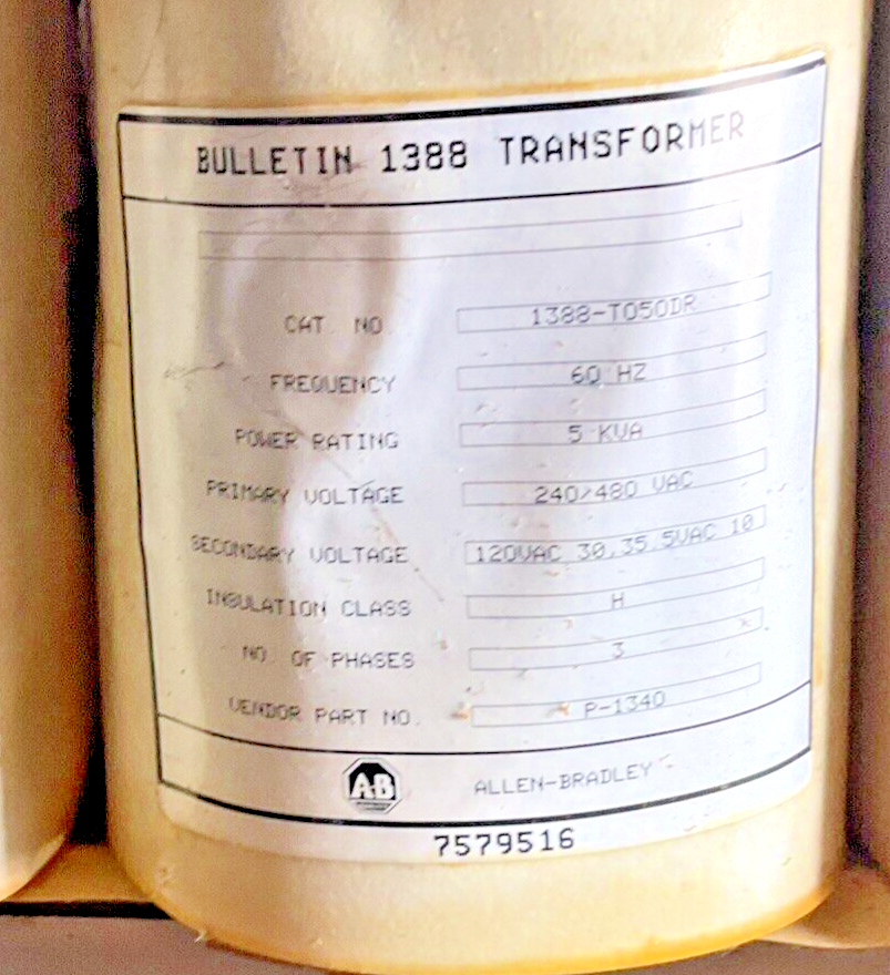 ALLEN BRADLEY 1388-T050DR TRANSFORMER 60HZ 240/480VAC 3PHASE 5KVA