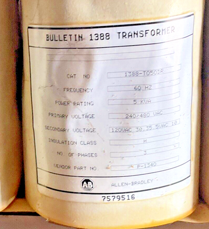 ALLEN BRADLEY 1388-T050DR TRANSFORMER 60HZ 240/480VAC 3PHASE 5KVA