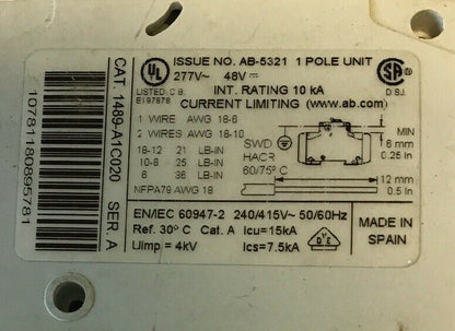 ALLEN BRADLEY 1489-A1C020 SER.A  2A 277VAC/48VDC 1POLE CIRCUIT BREAKER (LOTOF 3)