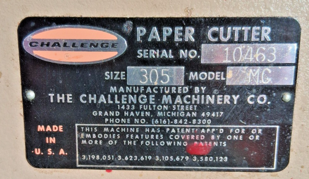 CHALLENGE 305 MC HYDRAULIC PAPER CUTTER 6A MAIN FUSE CENTURY 3HP 1750RPM MOTOR