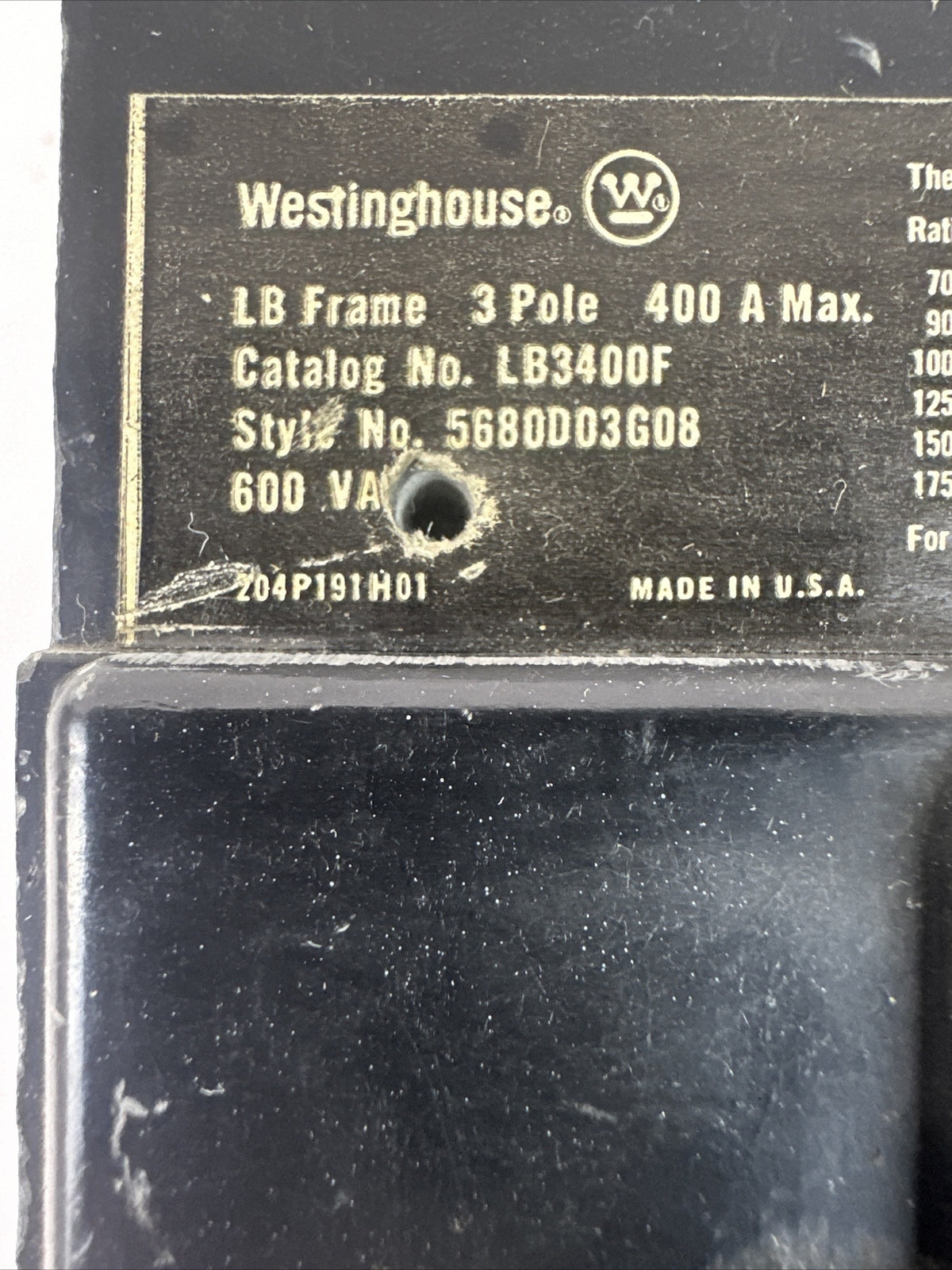 WESTINGHOUSE LB3400F 600VAC 3POLE 400AMP CIRCUIT BREAKER FRAME 150AMP TRIP UNIT