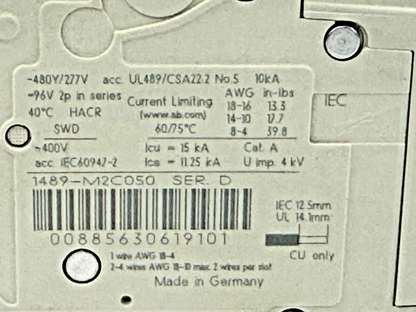 ALLEN-BRADLEY - 1489-M2C050 SER. D - MINIATURE CIRCUIT BREAKER - 2 POLE, 5A,