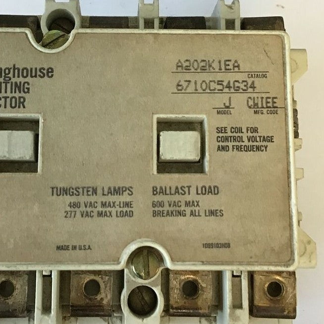 WESTINGHOUSE AC LIGHTING CONTACTOR A202K1EA MODEL J 6710C54G34