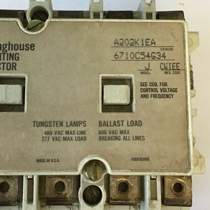 WESTINGHOUSE AC LIGHTING CONTACTOR A202K1EA MODEL J 6710C54G34