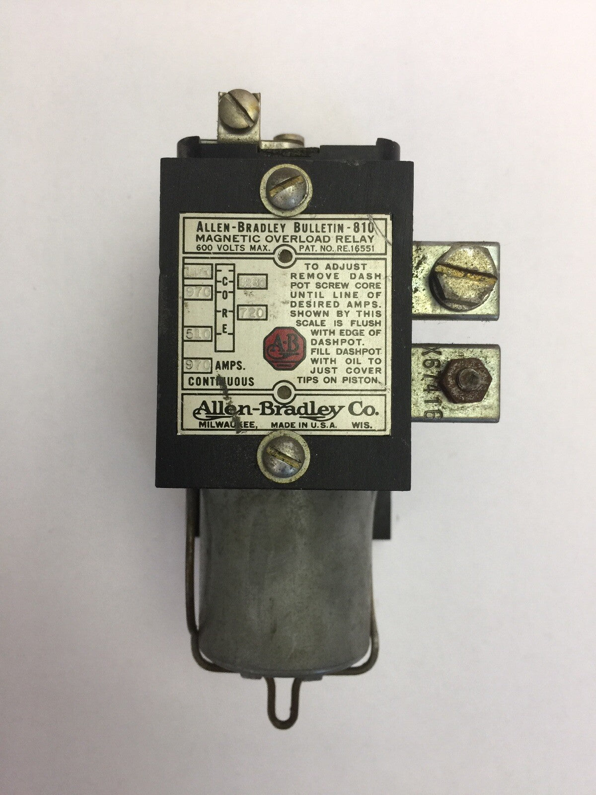 ALLEN BRADLEY 810 BULLETIN MAGNETIC OVERLOAD RELAY 600 VOLTS 970 AMPS CONTINUOUS