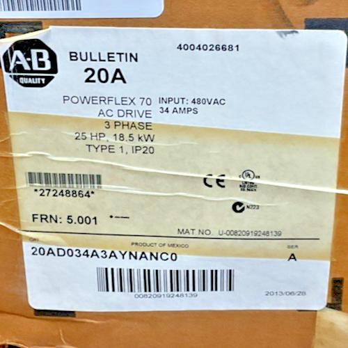ALLEN BRADLEY 20AD034A3AYNANC0 POWER FLEX AC DRIVE 70 FRM 5.001