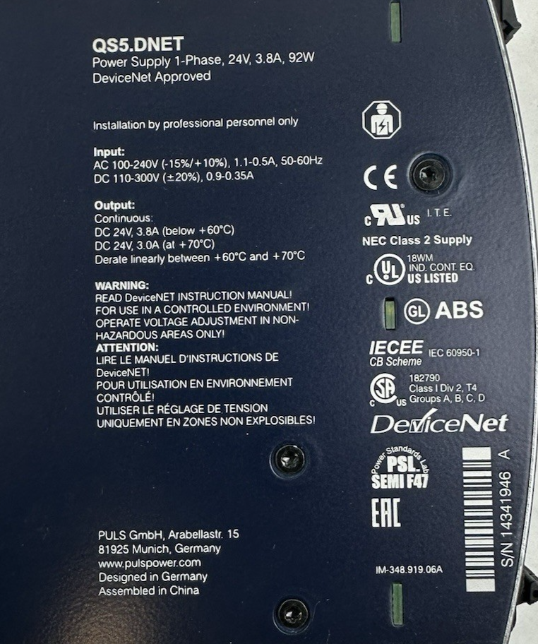 PULS DIMENSION QS5.DNET POWER SUPPLY 24VDC 3.8A 100-240V