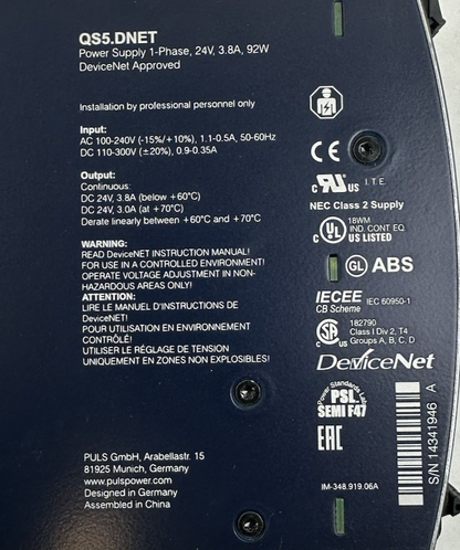 PULS DIMENSION QS5.DNET POWER SUPPLY 24VDC 3.8A 100-240V