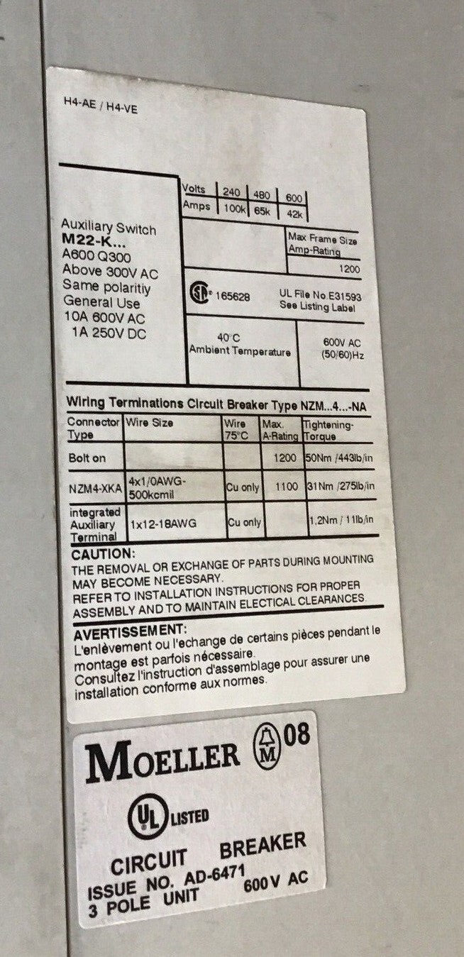 MOELLER NZM4 H4-AE / H4-VE CIRCUIT BREAKER 1200A W/ AE 800-NA 800A TRIP