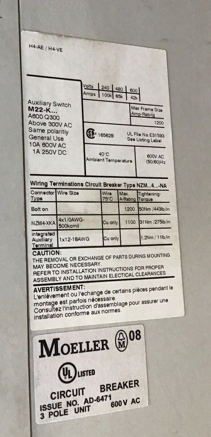 MOELLER NZM4 H4-AE / H4-VE CIRCUIT BREAKER 1200A W/ AE 800-NA 800A TRIP