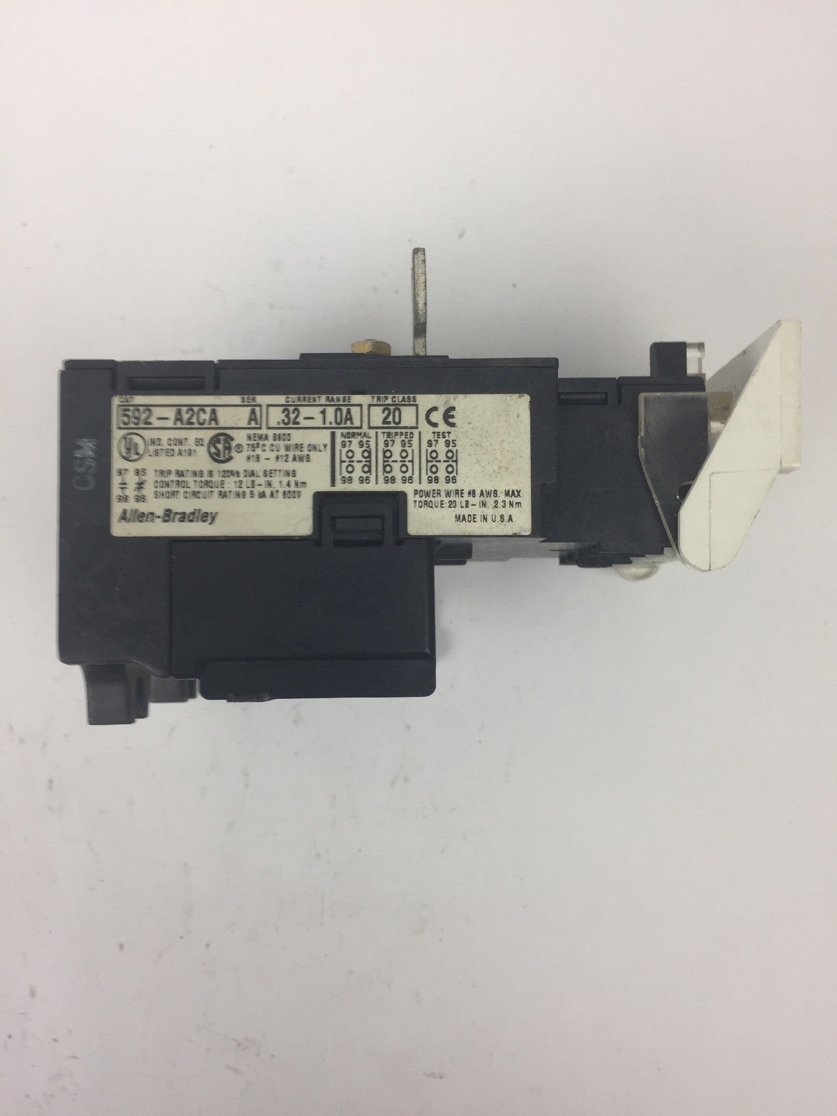 ALLEN BRADELY 592-A2CA OVERLOAD RELAY SER A CURRENT RANGE .32-1.0A TRIP CLASS 20