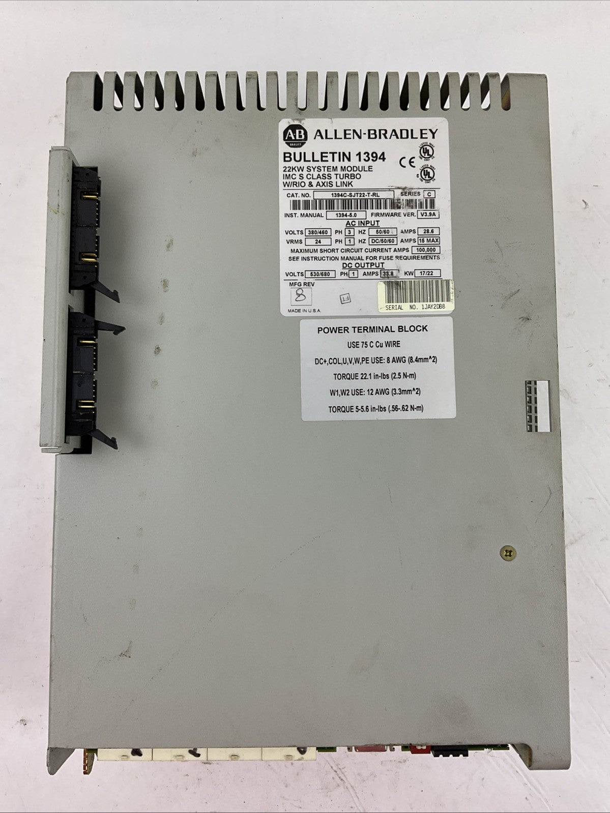 ALLEN BRADLEY 1394C-SJT22-T-RL SERVO DRIVE CONTROLLER SER C FIRMWARE VER V3.9A