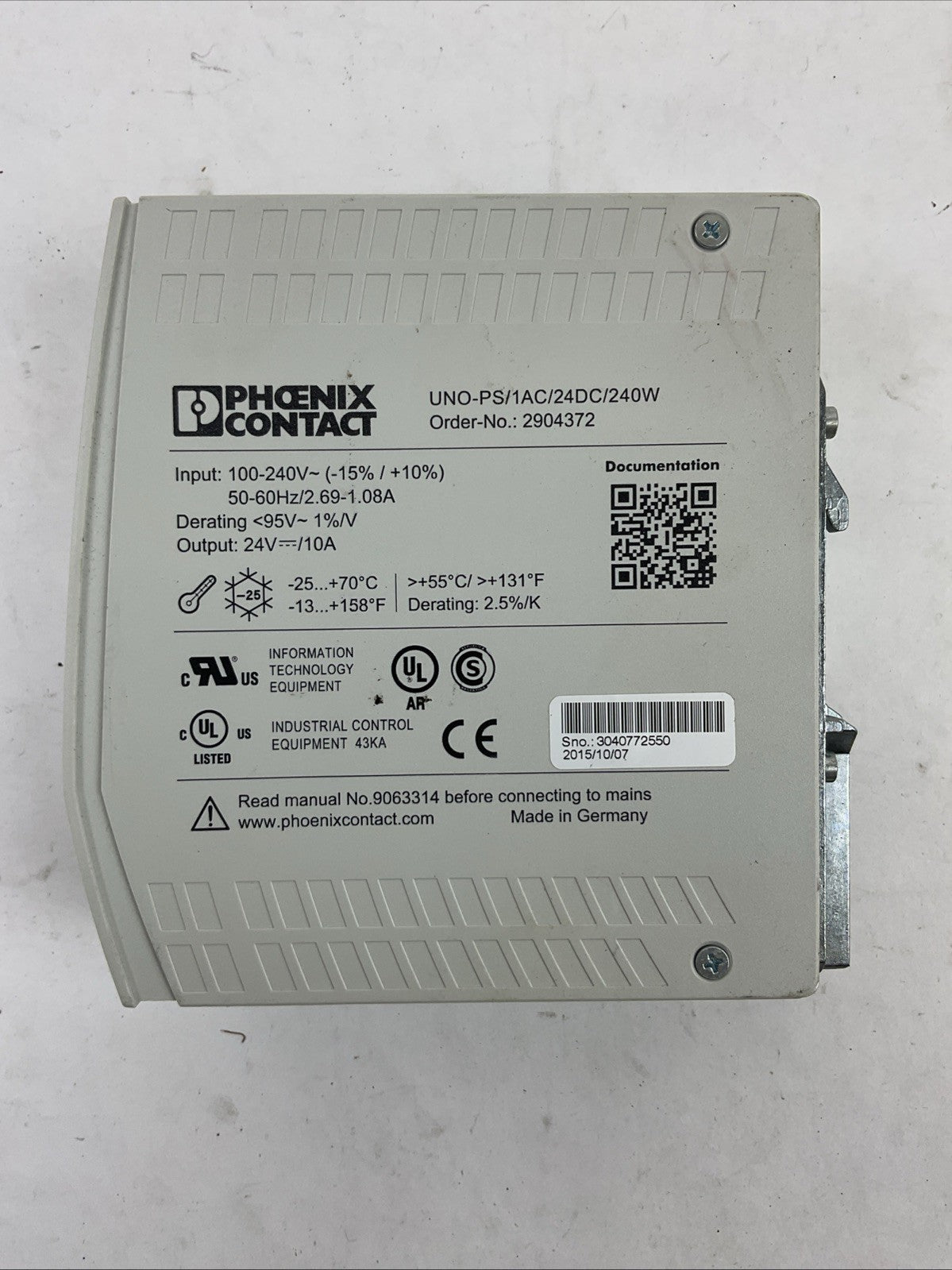 PHOENIX CONTACT UNO-PS/1AC/24DC/240W OUTPUT 24VDC INPUT 100-240VAC POWER SUPPLY