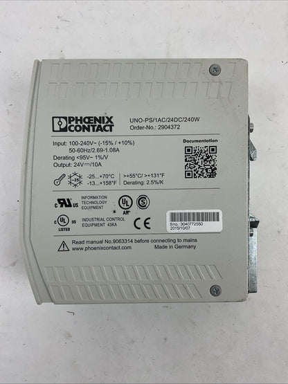 PHOENIX CONTACT UNO-PS/1AC/24DC/240W OUTPUT 24VDC INPUT 100-240VAC POWER SUPPLY