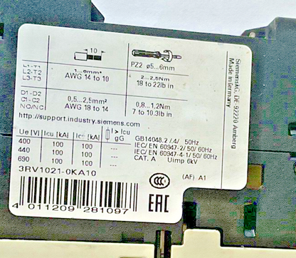 SIEMENS 3RV1021-0KA10,3RV1021-1KA10 MOTOR CONTROL 600V****LOTOF2***
