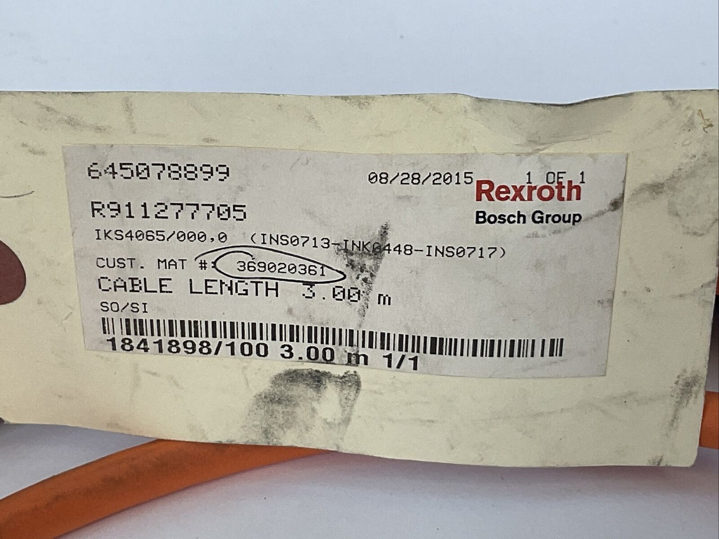 REXROTH R911277705 SERVO CONTROL CABLE 3.00M