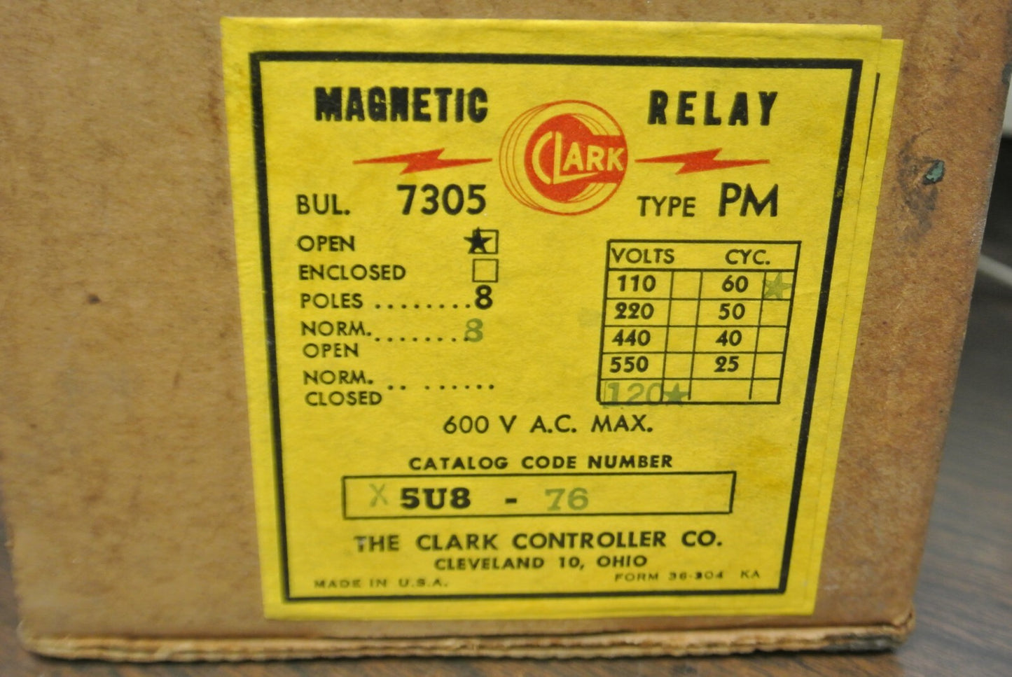 CLARK 5U8-76 / RELAY BUL. 7305 TYPE PM / 8 N.O. / 110-120V COIL / NEW SURPLUS