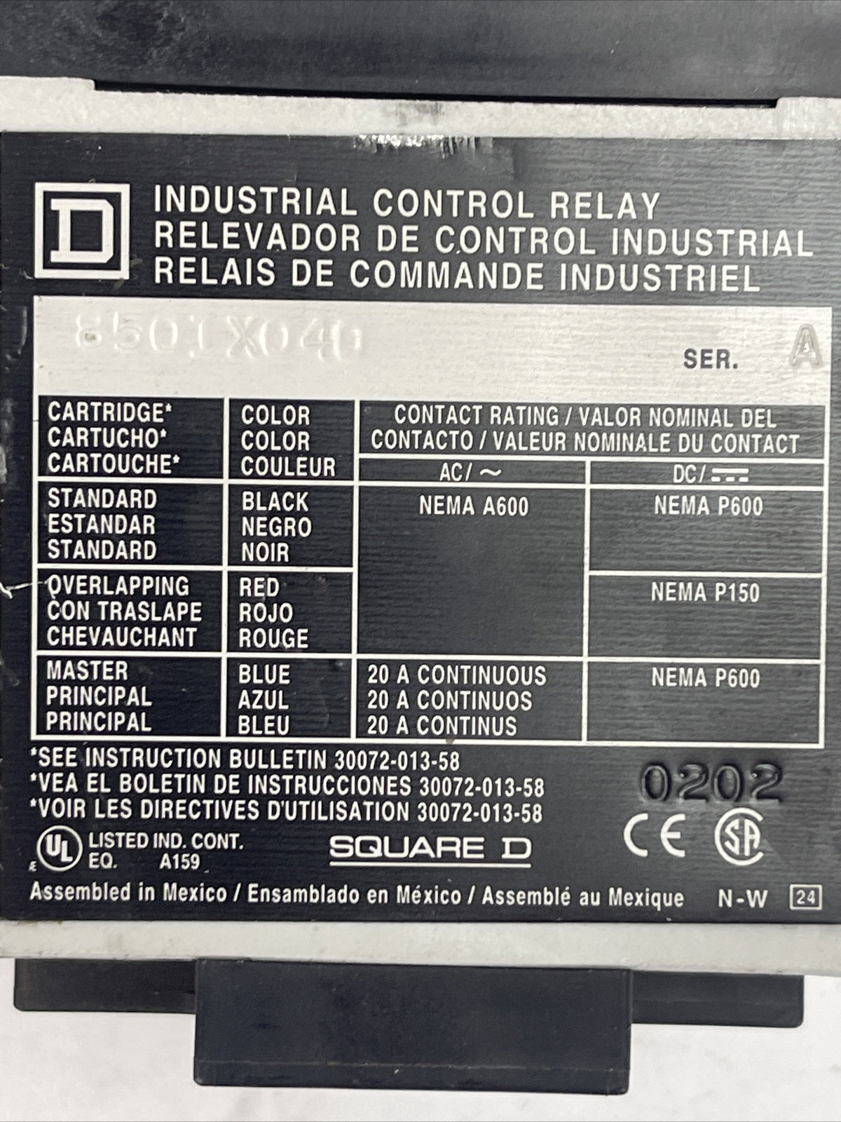 SQUARE D 8501X040 INDUSTRIAL CONTROL RELAY SER A COIL 120V 60HZ