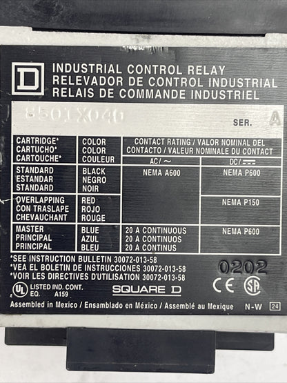 SQUARE D 8501X040 INDUSTRIAL CONTROL RELAY SER A COIL 120V 60HZ