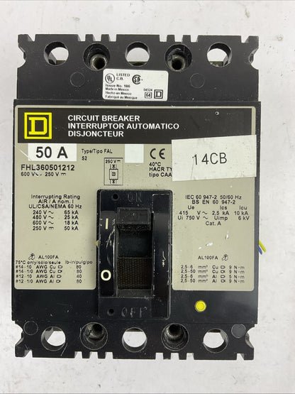 SQUARE D FAL360501212 50A 600VAC 250VDC 3POLE CIRCUIT BREAKER