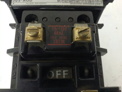 ALLEN BRADLEY 509-AOD, SER. B, STARTER, SIZE 0, 600V, 18A, 5 H.P.,120V COIL,USED