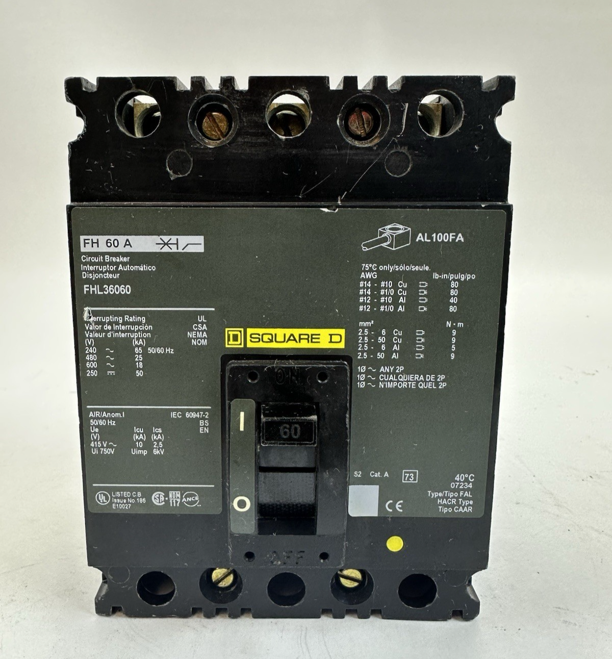SQUARE D FHL36060 3 POLE MOLDED CASE CIRCUIT BREAKER 60A 600VAC 250VDC