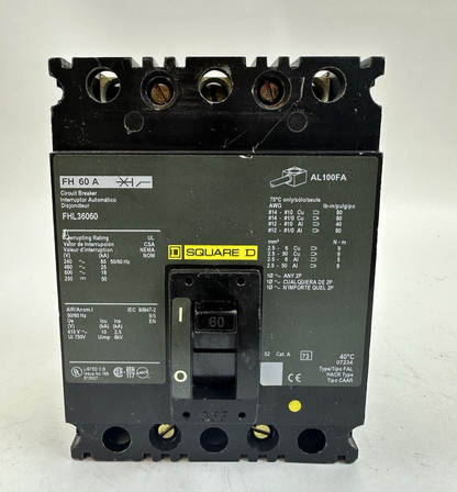 SQUARE D FHL36060 3 POLE MOLDED CASE CIRCUIT BREAKER 60A 600VAC 250VDC