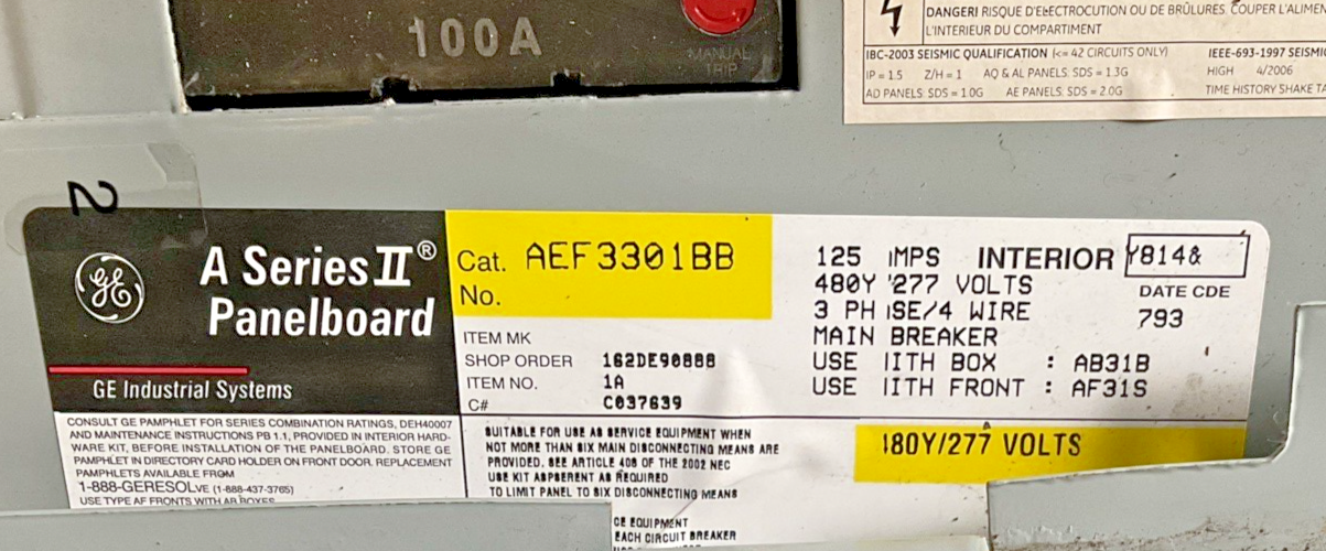GE AEF3301BB PANELBOARD 125A 480Y 3PH 100AMP MAIN BREAKER 180Y/277VOLTS