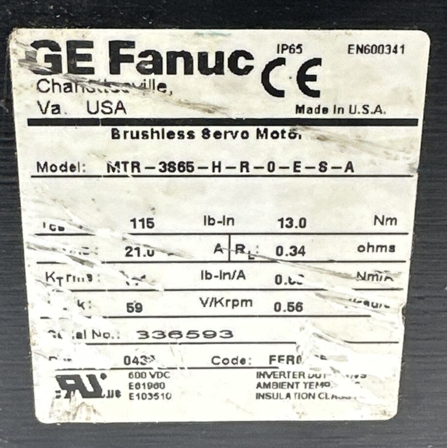GE FANUC MTR-3S65-H-R-0-E-S-A BRUSHLESS SERVO MOTOR 600VDC