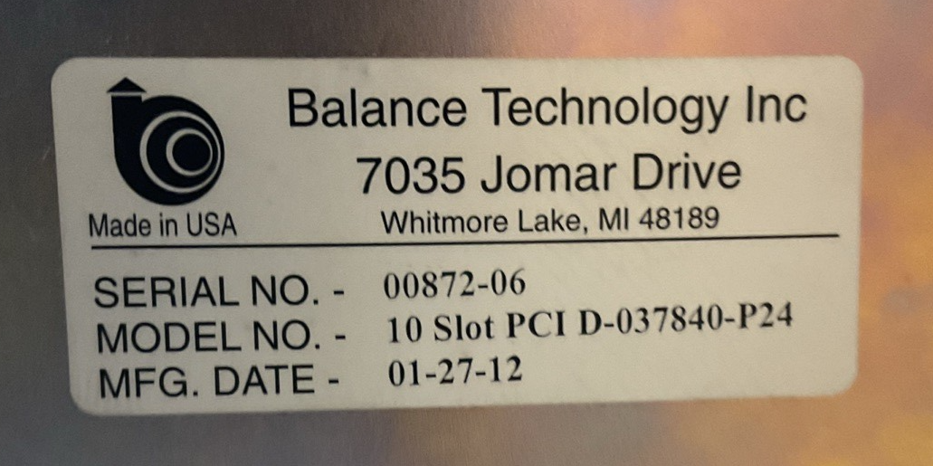 BALANCE TECHNOLOGY PCI D-037840-P24 10 SLOT COMPUTER 24VDC