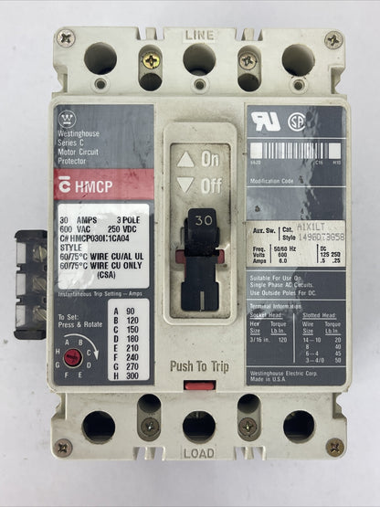 WESTINGHOUSE HMCP030I:1CA04 30AMP 3POLE 600VAC 250VDC AUX. SW. A1X1LT 1490D73G58