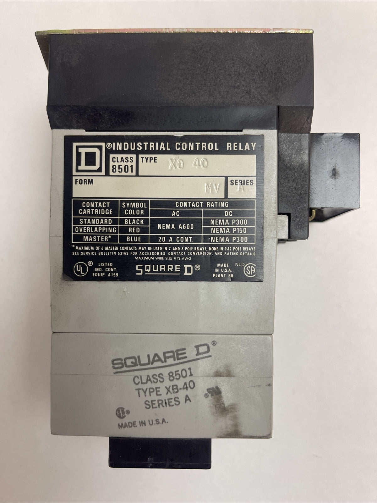 SQUARE D CLASS 8501 TYPE XB-40 INDUSTRIAL CONTROL RELAY FORM MV SERIES A