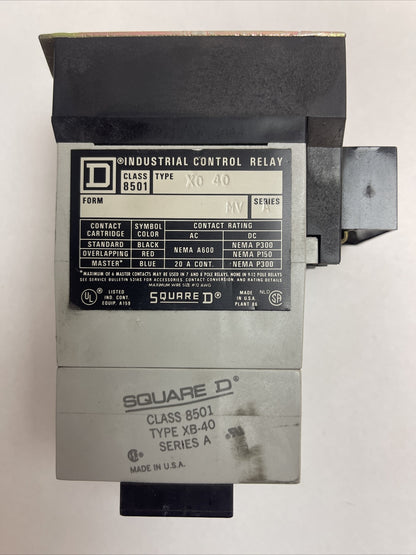 SQUARE D CLASS 8501 TYPE XB-40 INDUSTRIAL CONTROL RELAY FORM MV SERIES A