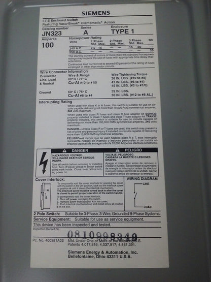 SIEMENS JN323 SERIES A FUSIBLE SAFETY SWITCH 2P, 100A, 240V, 15HP, TYPE 1 INDOOR