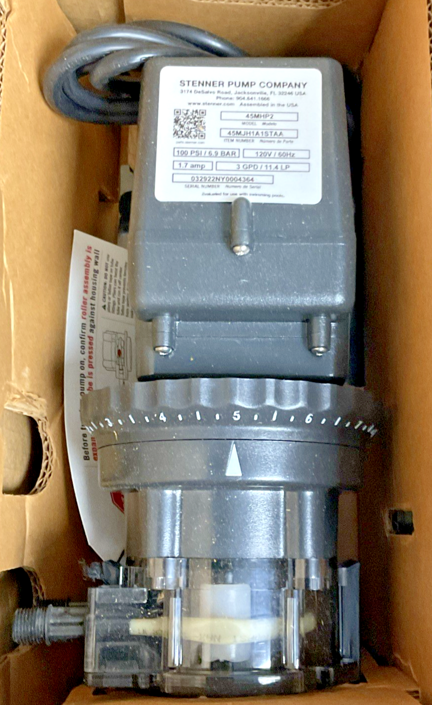 STENNER 45MHP2 METERING PUMP 100PSI/6.9BAR 120VAC/60HZ 1/4"