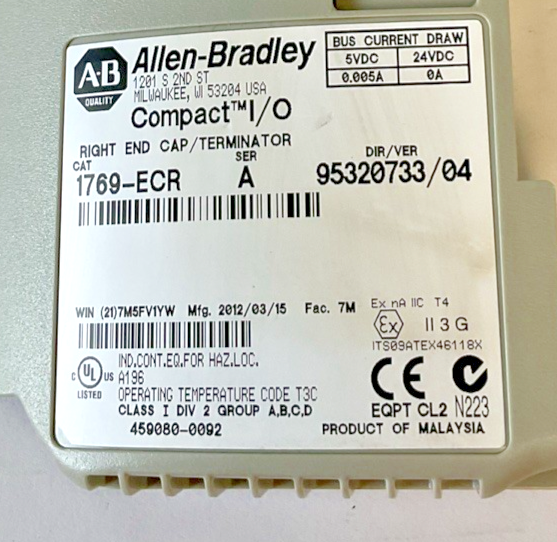 ALLEN BRADLEY 1769-ECR RIGHT END CAP/TERMINAL SER.A DIR95320733 VER.04