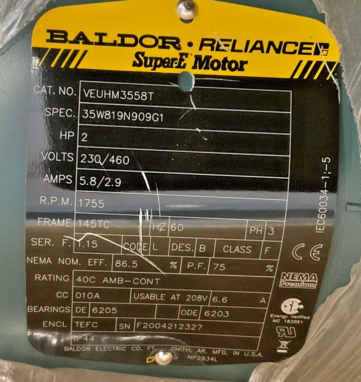 BALDOR VEUHM3558T INDUSTRIAL MOTOR 1755RPM 230/460V 2HP 3PH