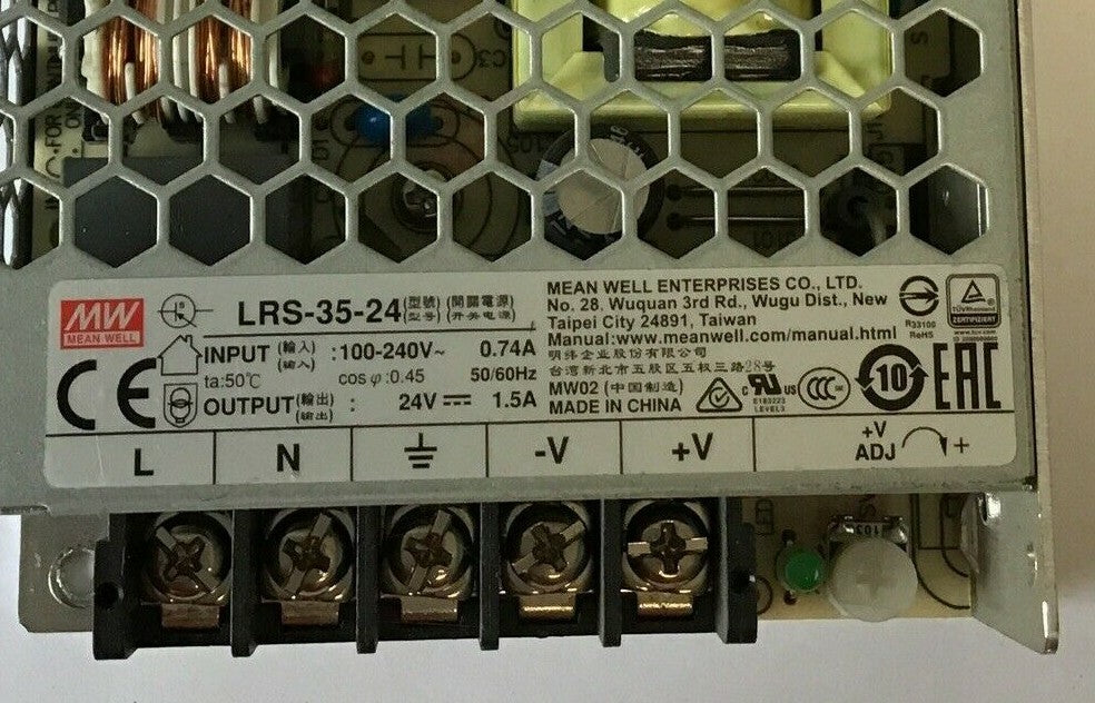 MEAN WELL LRS-35-24 SWITCHING POWER SUPPLY 100-240VAC 0.74A 50/60HZ 24VDC