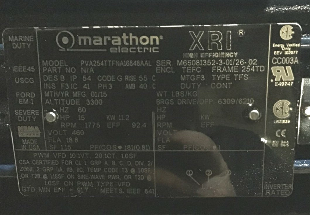 MARATHON PVA254TTFNA1684AAL XRI ELECTRIC MOTOR 1775RPM 460V 11.2KW