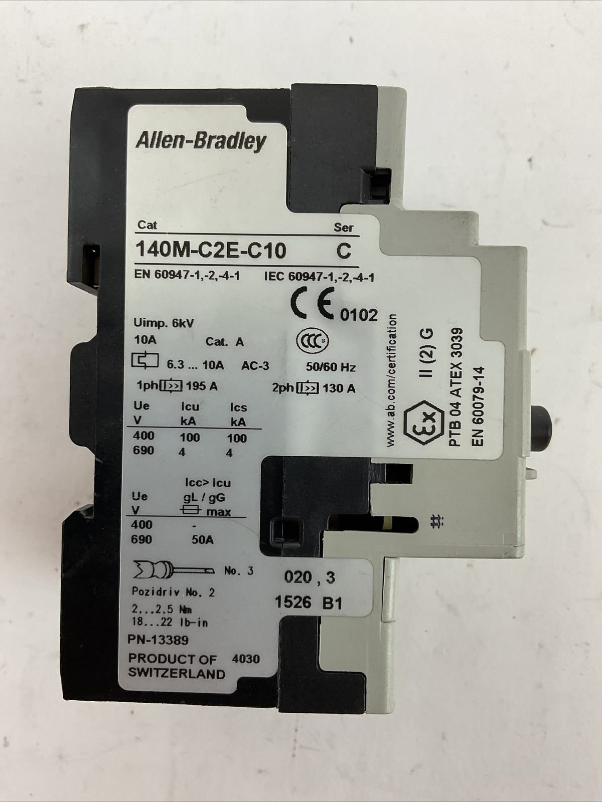 ALLEN BRADLEY 140M-C2E-C10 MOTOR PROTECTOR SER C 6.3-10A 140M-C-A SER A 600VAC