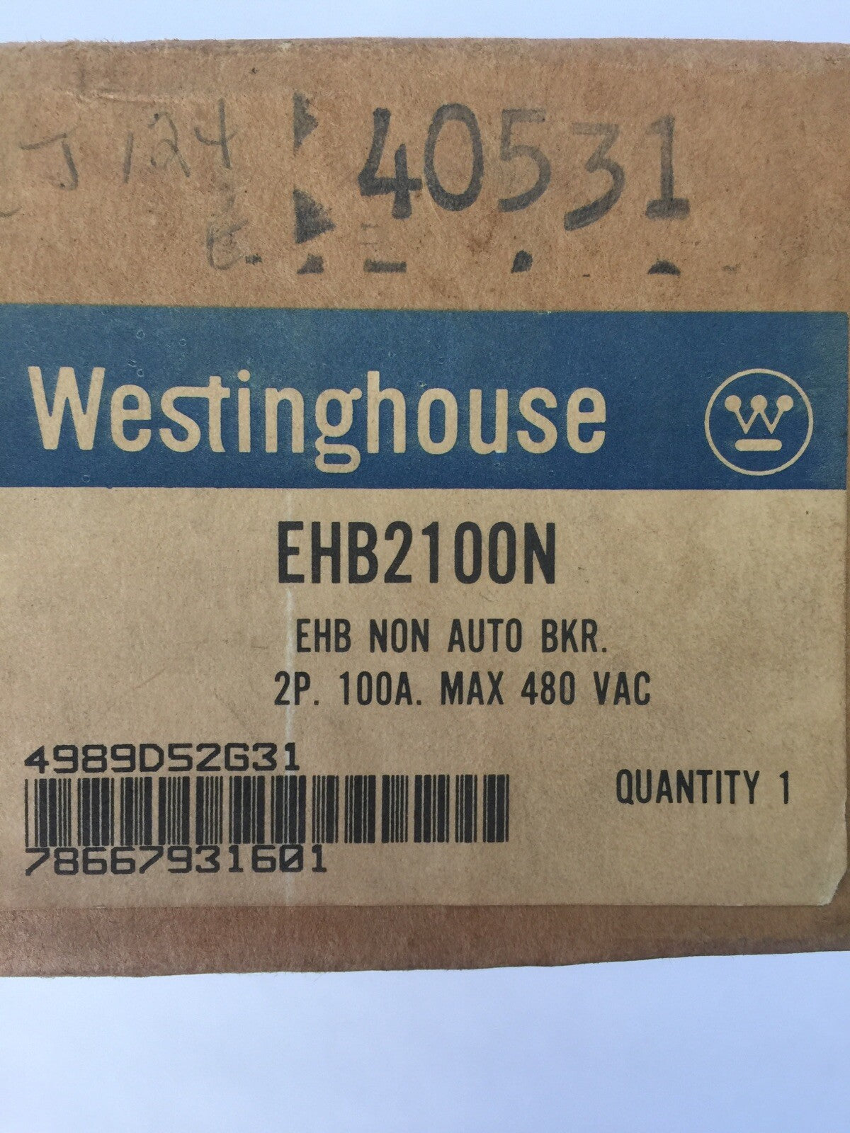 WESTINGHOUSE EHB2100N NON AUTO CIRCUIT BREAKER 100AMP 2POLE 480VAC 250VDC