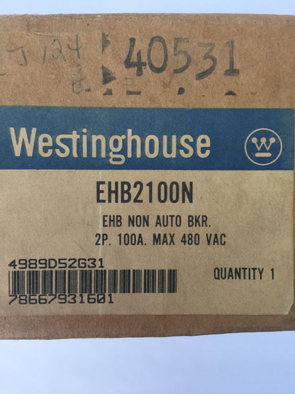 WESTINGHOUSE EHB2100N NON AUTO CIRCUIT BREAKER 100AMP 2POLE 480VAC 250VDC