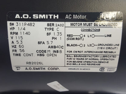Century AO Smith RB2026L Split-Phase Resilient Motor, 1/4 HP, Split-Phase, 1140