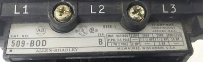 ALLEN BRADLEY 509-BOD SERIES B, SIZE 1, MOTOR STARTER, 27A, 600V,3-5P, 120V COIL