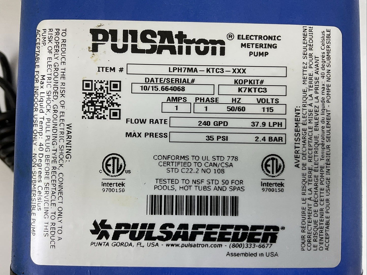 PULSATRON LPH7MA-KTC3-XXX ELECTRONIC METERING PUMP 115V 1A 1PH 35PSI 2.4BAR