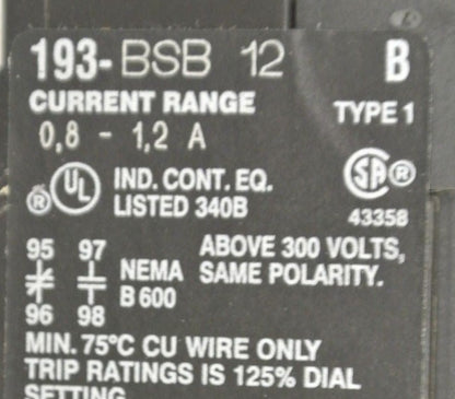 ALLEN-BRADLEY 193-BSB12 BIMETALLIC OVERLOAD RELAY 0.8-1.2A / NEW SURPLUS