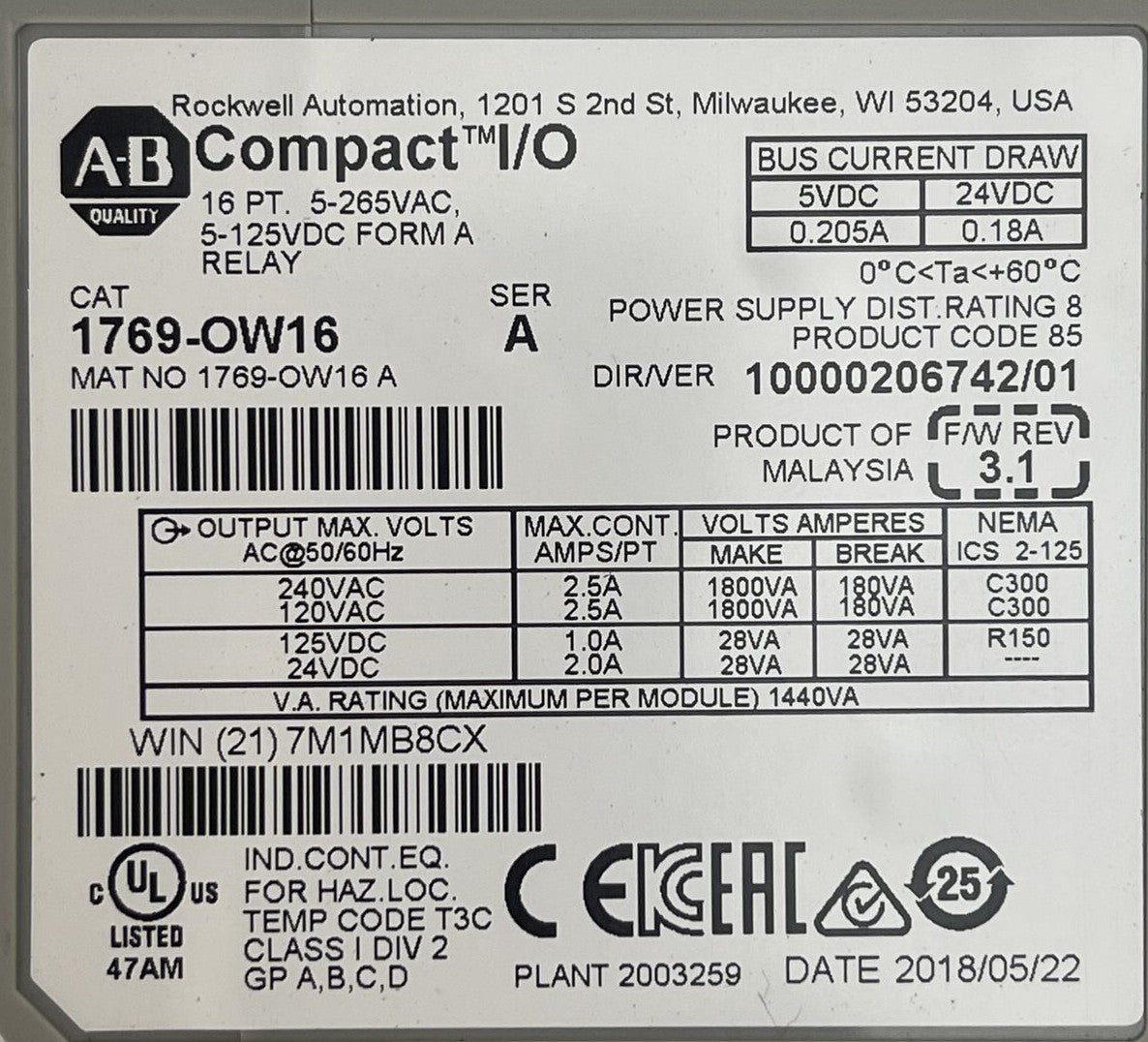 ALLEN BRADLEY 1769-OW16 COMPACT I/O F/W REV 3.1 DIR/VER 10000206742/01 SER A